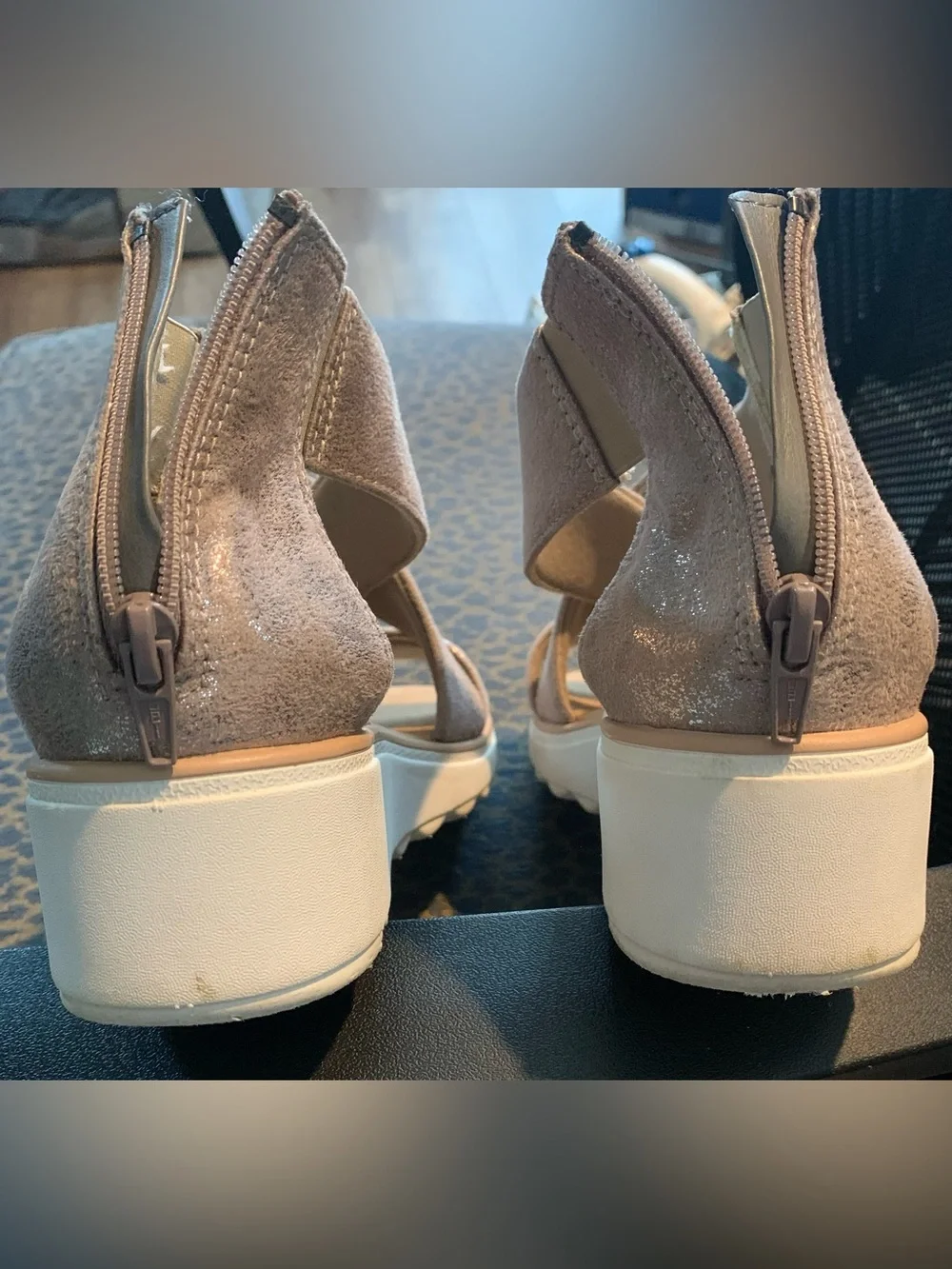 Clarks golden gray chrome suede wedge sandals